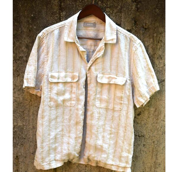 Everlane Men’s Linen Short Sleeve Button-Up Shirt – Size L – Gold & White Stripe - Picture 1 of 3